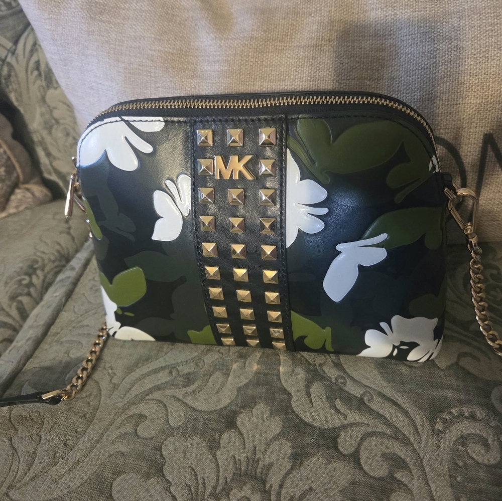 Michael Kors Large Butterfly Camo Leather Dome Crossbody